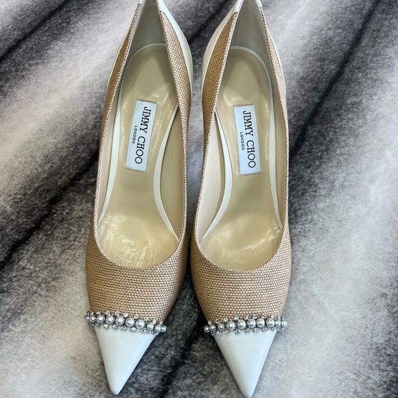 Jimmy Choo Shoes - Jimmy Choo - Love 85 mm Raffia Natural with Crystals and Pearls Detail Heel Pump